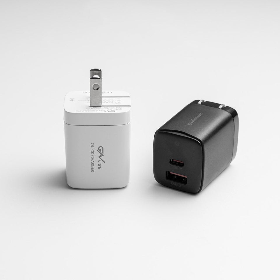 grantclassic GaN fast charger shown in white and black