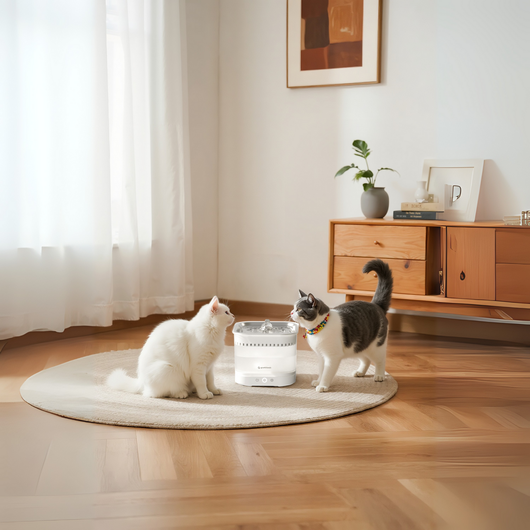 AquaLux Mag magnetic cordless pet water fountain, two cats beside it in a living room | grantclassic