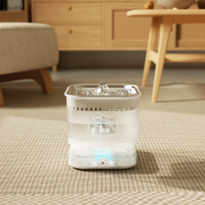 AquaLux Mag magnetic cordless pet water fountain, close-up of the stream and water-level light | grantclassic
