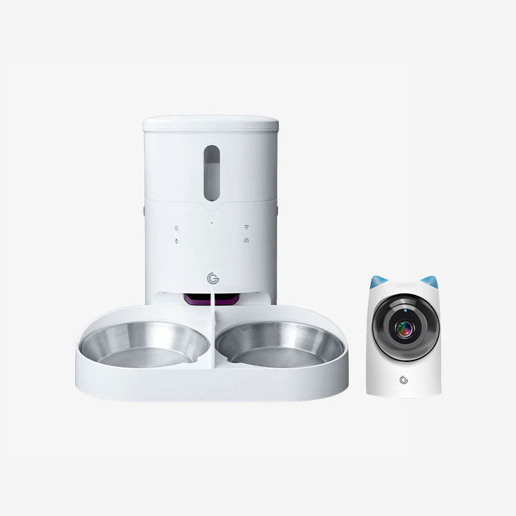 LuxNourish automatic feeder with twin bowls and the cat-ear pet camera | grantclassic