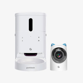 LuxNourish automatic feeder with cat-ear pet camera, front close-up | grantclassic