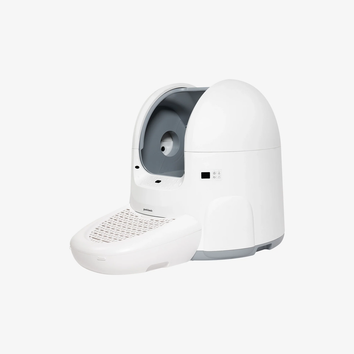 CatPalace automatic litter box, white egg-shaped body with step pedal, side view | grantclassic