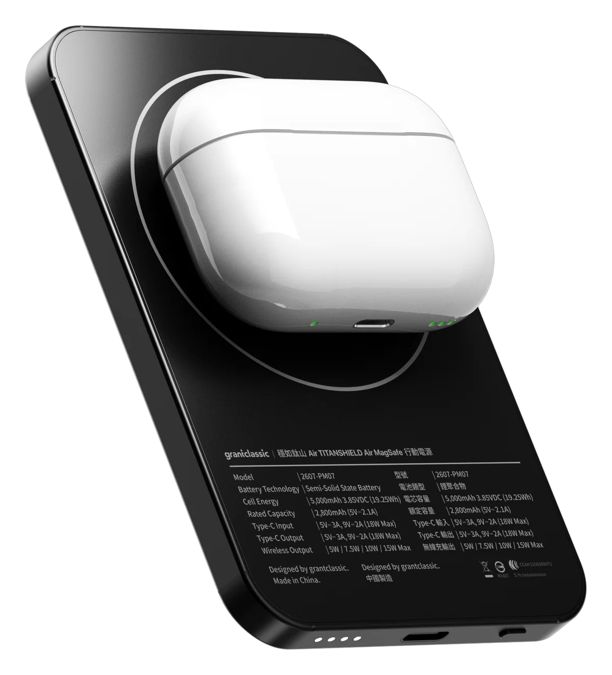 An AirPods case charging wirelessly on top of TITANSHIELD Air