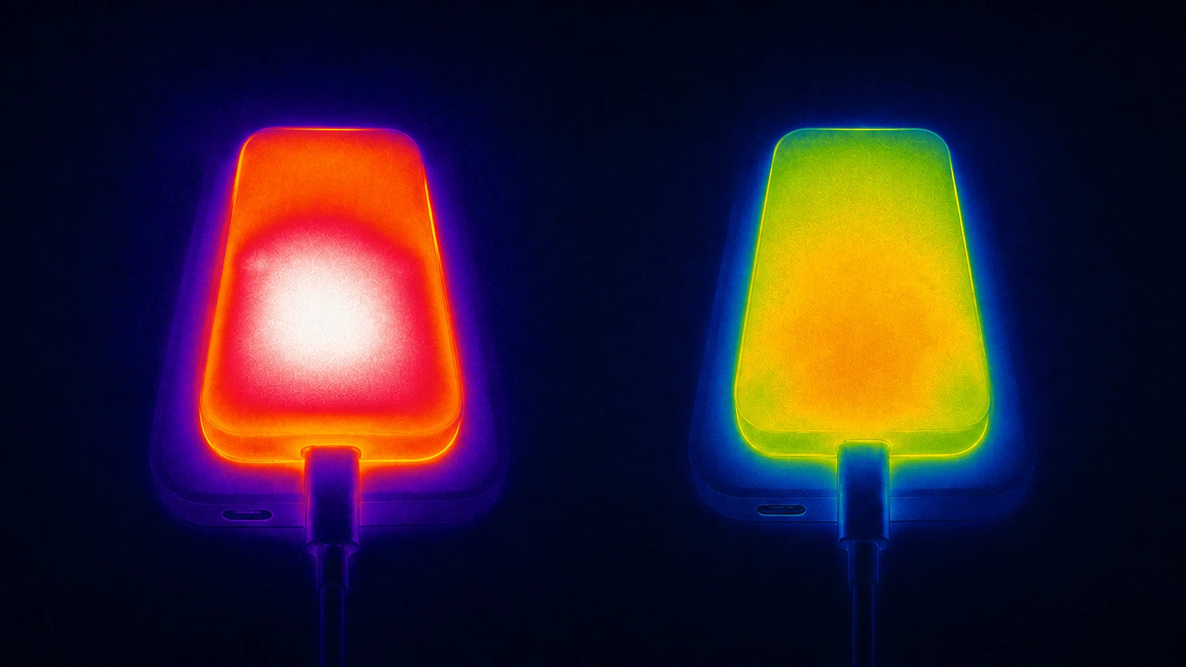 Under the same charging conditions a standard plastic shell shows a concentrated hot spot, while heat spreads more evenly across TITANSHIELD Pro